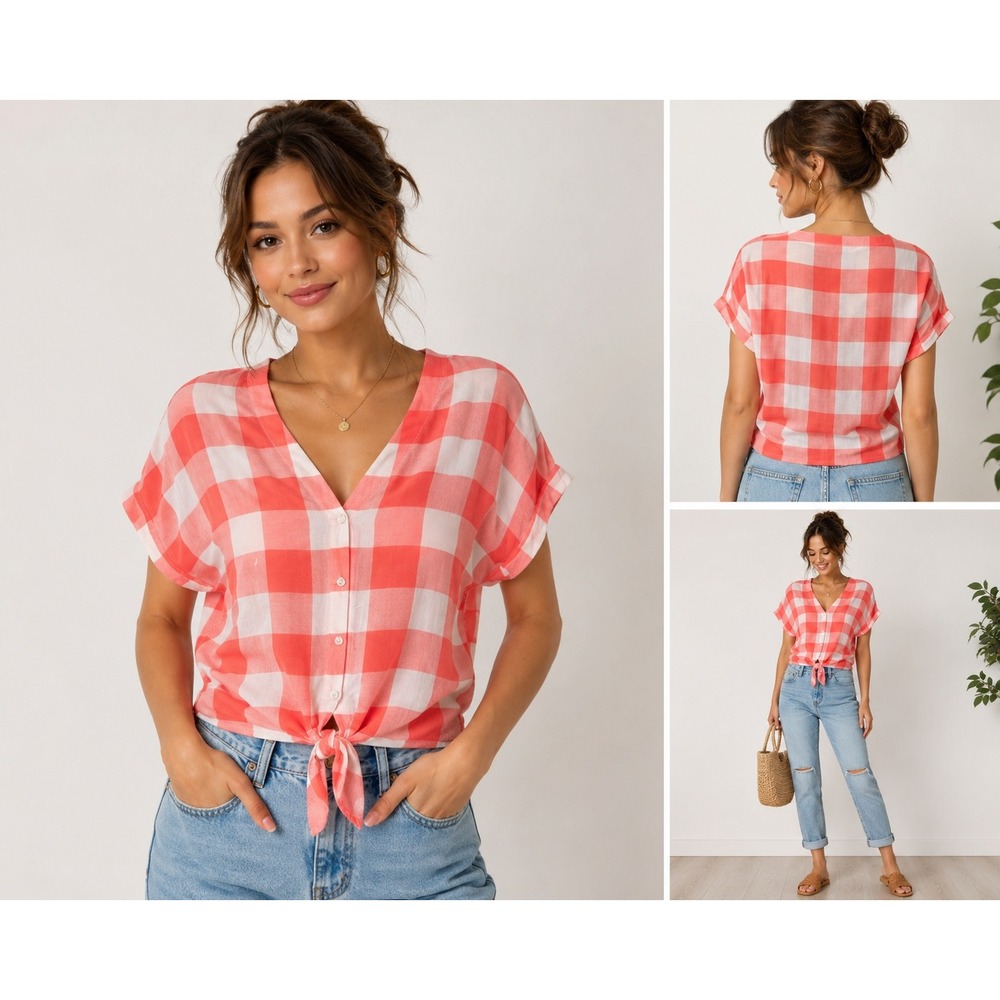 Express Gingham Plaid‎ Tie Front Picniccore Blouse Womens Small Petite